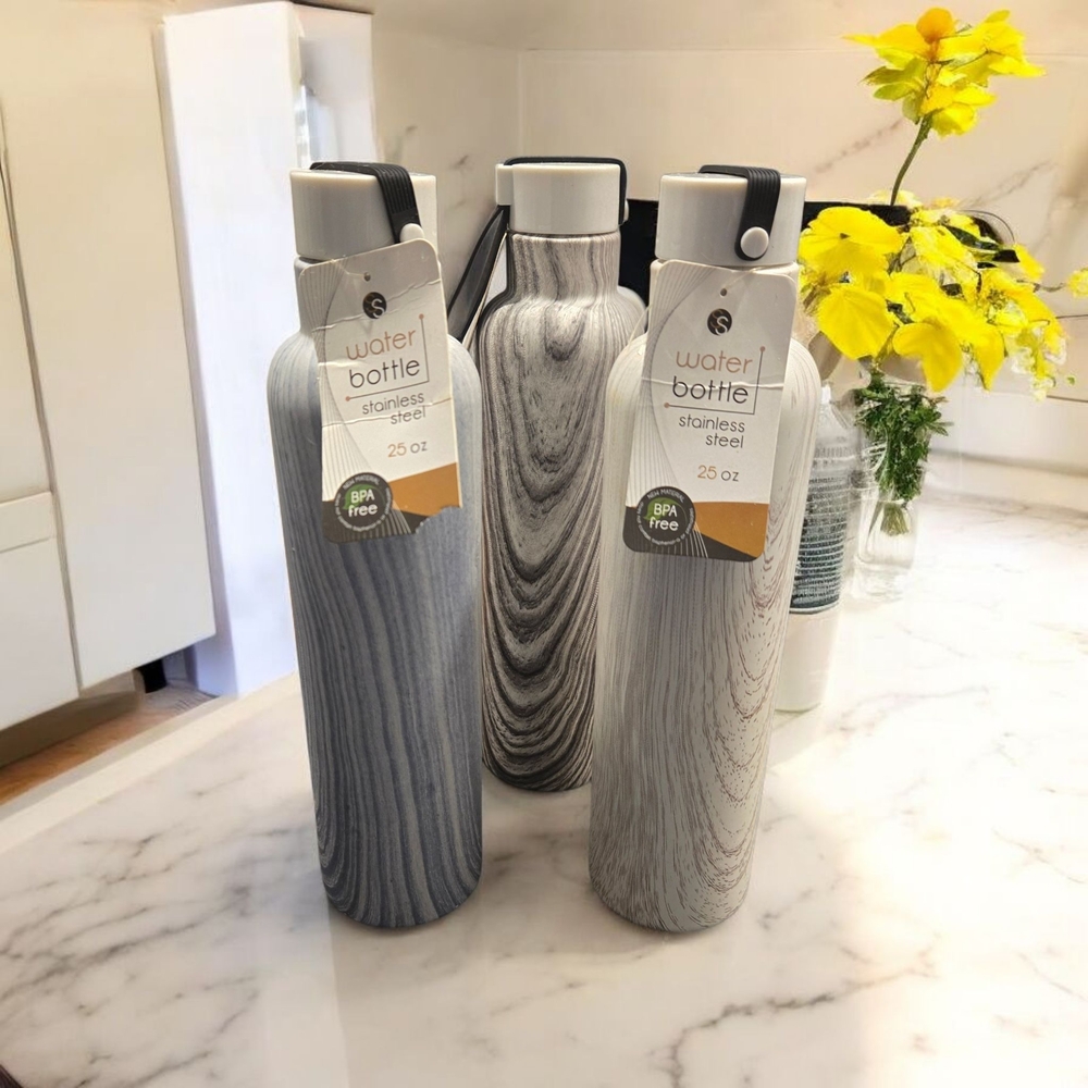 Stainless Steel Water Bottle - Gray Wood Design